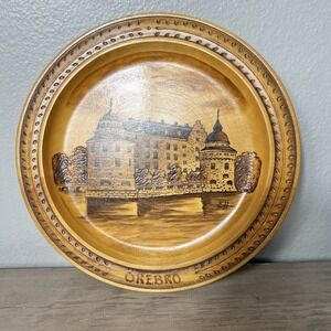 Vintage Swedish Örebro Castle Wood Plate Pyrography Hand Carved Wall Art 8.75"